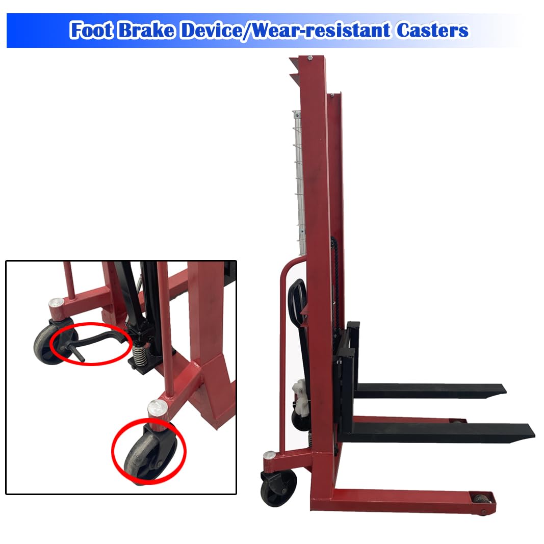 EQCOTWEA Manual Hydraulic Pallet Stacker 4400 LBS Capacity Pallet Truck 65" Lift Height Adjustable Forks Hand Hydraulic Stacker Fit to Pallets for Warehouse Lifting, Hoisting & Material Handling