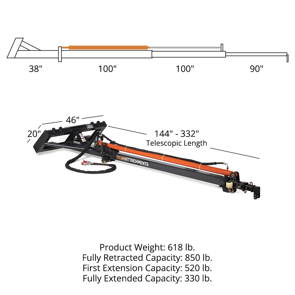 Titan Attachments Telescoping Hydraulic Truss Boom Jib Crane, Hydraulic Boom Pole Extends 26 FT, Fits Skid Steer SSQA, Lift Hay Bales, Trusses, Beams, & More, Accessories for Skid Steers
