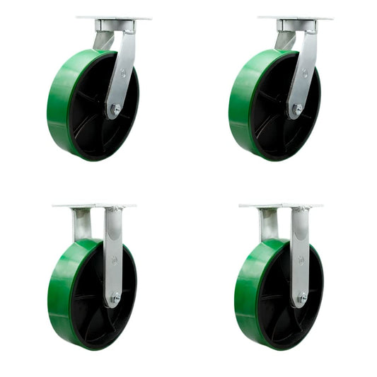 Extra Heavy Duty Kingpinless 12”x3” Green Poly on Cast Iron Swivel Caster Set for Cranes, Gantries, Hoists, and Winches-2 Swivel and 2 Rigid Casters-3,500lbs Per Caster-Set of 4-Service Caster Brand