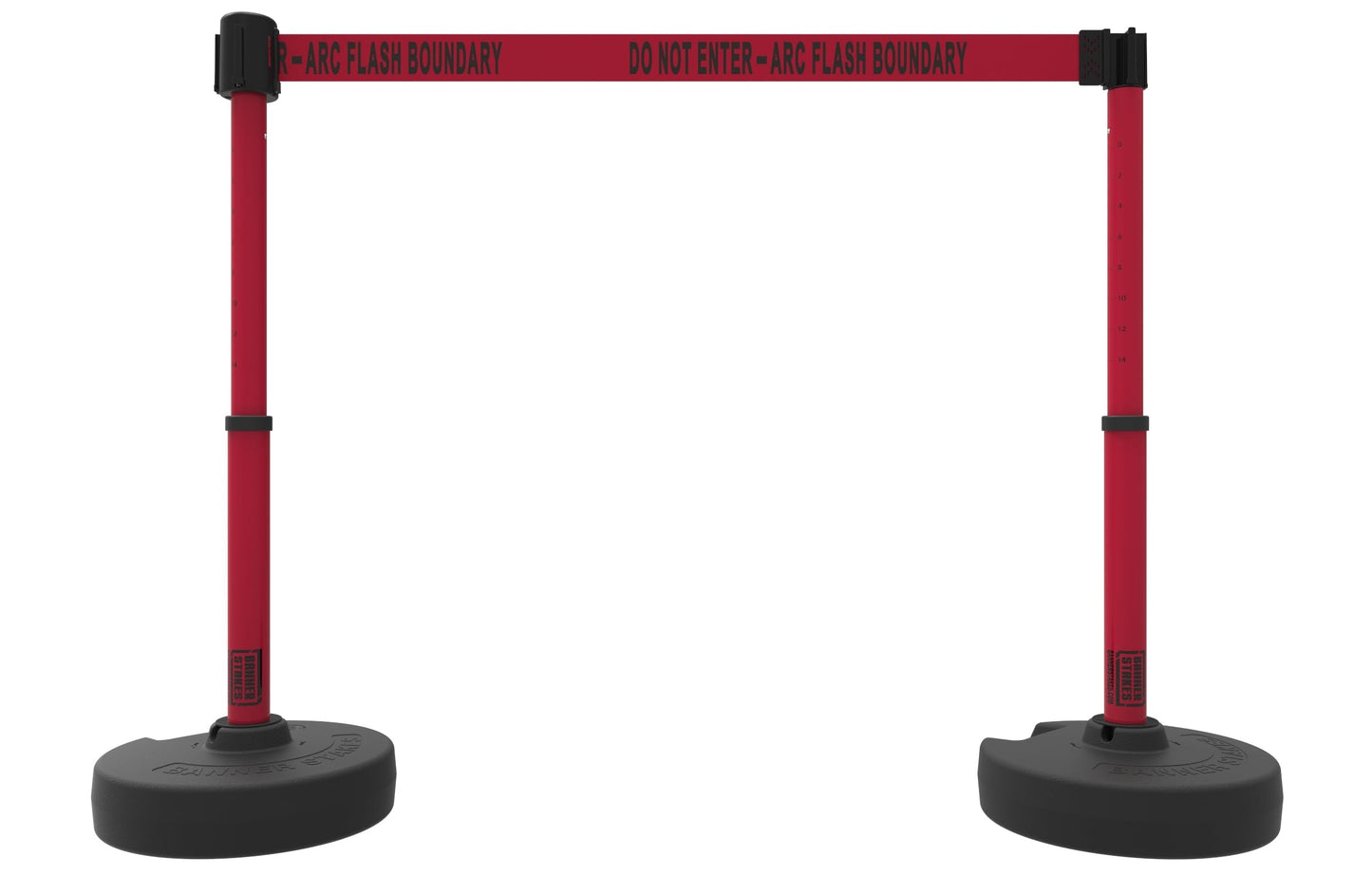 Banner Stakes Crowd Control Plus Cart Package & Accessory Tray, 75' Total Retractable Belt Barrier System - 5 Telescoping Stanchions w/ 15' Red "Do Not Enter - Arc Flash Boundary" Banners (PL4079T)