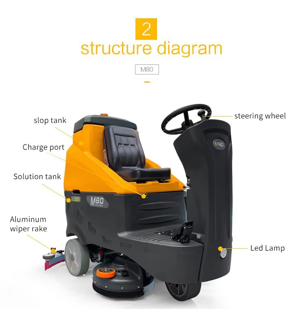 M80 Ride-On Floor Scrubber Machine, Complete Set of Parts, 5 Hours Continuous Working Time, 34.3 Gal Tanks, 59,200 Sqft/H Efficiency Commercial Floor Scrubber Machine