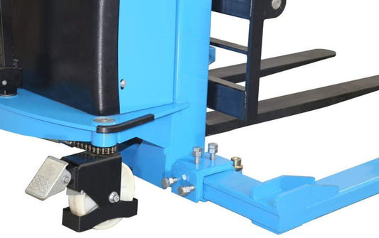 DoubleWin Semi-Electric Straddle Stacker Powered High Lift Pallet Stacker Forklift Truck with Adjustable Fork, 3300 lbs Capacity, 118" MAX Lifting Height, 42" Length X 8.3"-32.7" Adjustable Width Fork