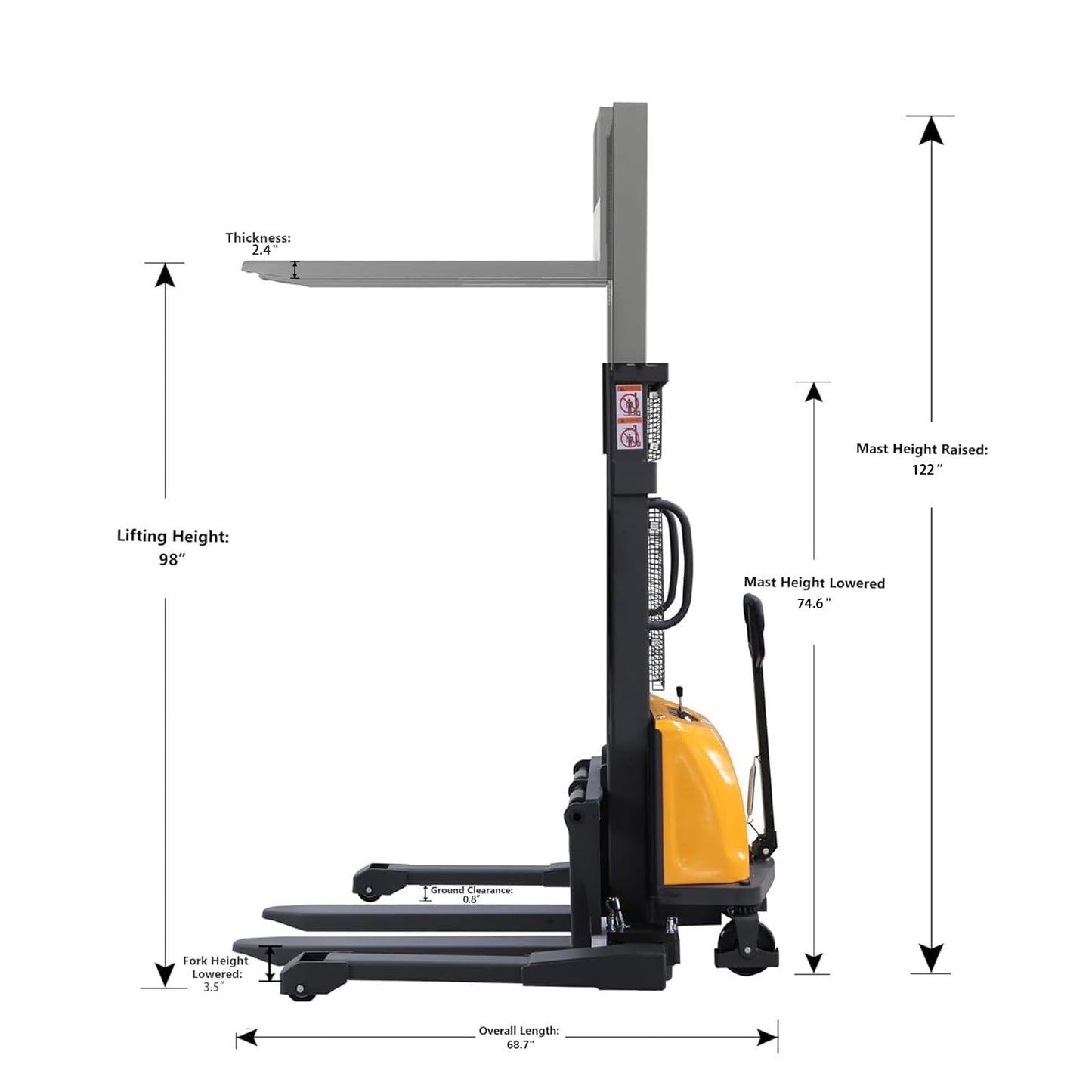 APOLLO Semi Electric Pallet Stacker Economy Hand Pallet Lift Stacker Forklift with Straddle Legs 3300lbs Capactiy 98" Lifting Height