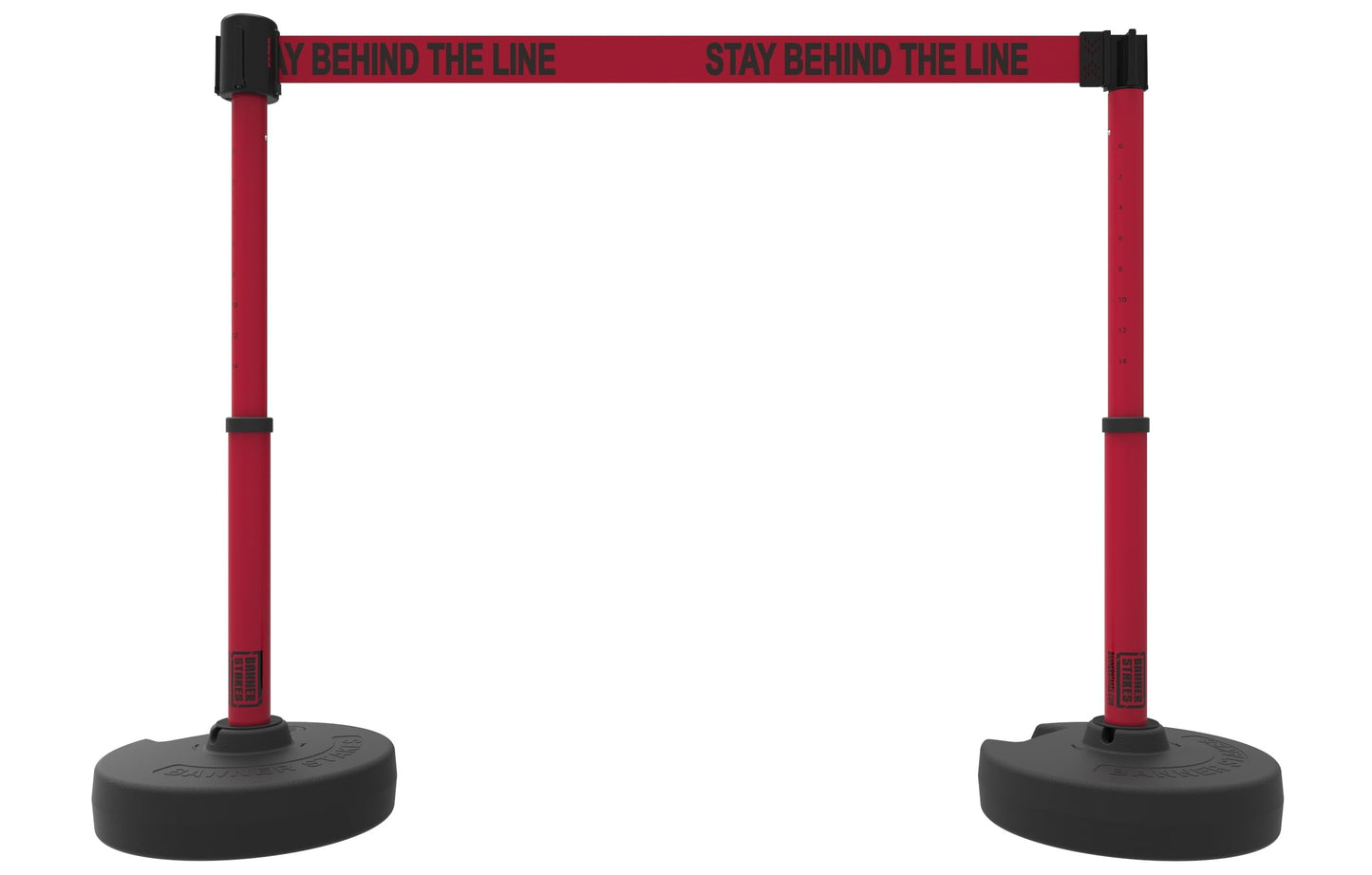 Banner Stakes Crowd Control Plus Cart Package & Accessory Tray, 75' Total Retractable Belt Barrier System - 5 Telescoping Stanchions w/ 15' Red "Stay Behind The Line" Banners (PL4012T)