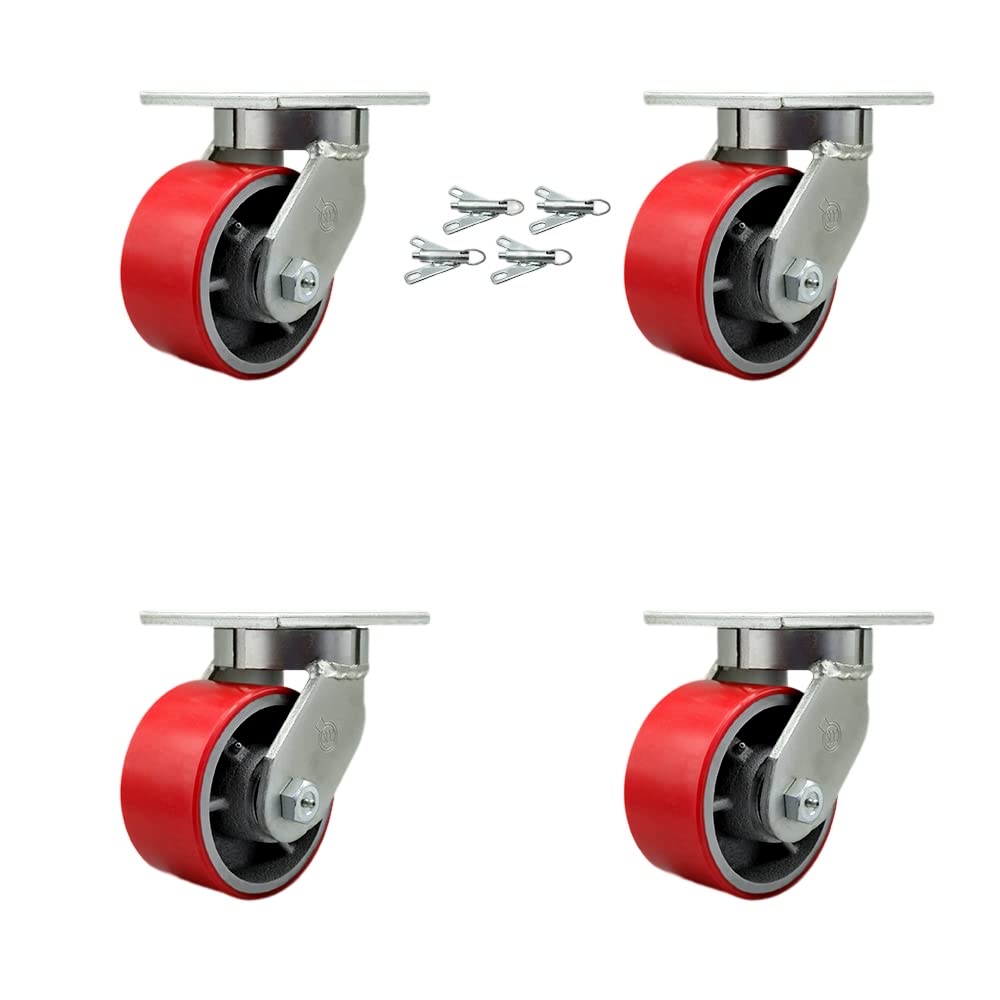 Extra Heavy Duty 6” x 3” Red Poly on Cast Iron Swivel Caster Set for Cranes, Gantries, Hoists, and Winches - 4 Swivel Casters with Bolt-On Locks -2,000 lbs Per Caster-Set of 4- Service Caster Brand