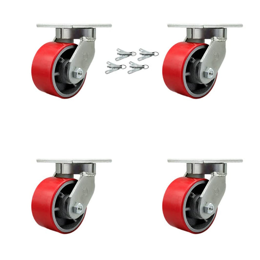 Extra Heavy Duty 6” x 3” Red Poly on Cast Iron Swivel Caster Set for Cranes, Gantries, Hoists, and Winches - 4 Swivel Casters with Bolt-On Locks -2,000 lbs Per Caster-Set of 4- Service Caster Brand