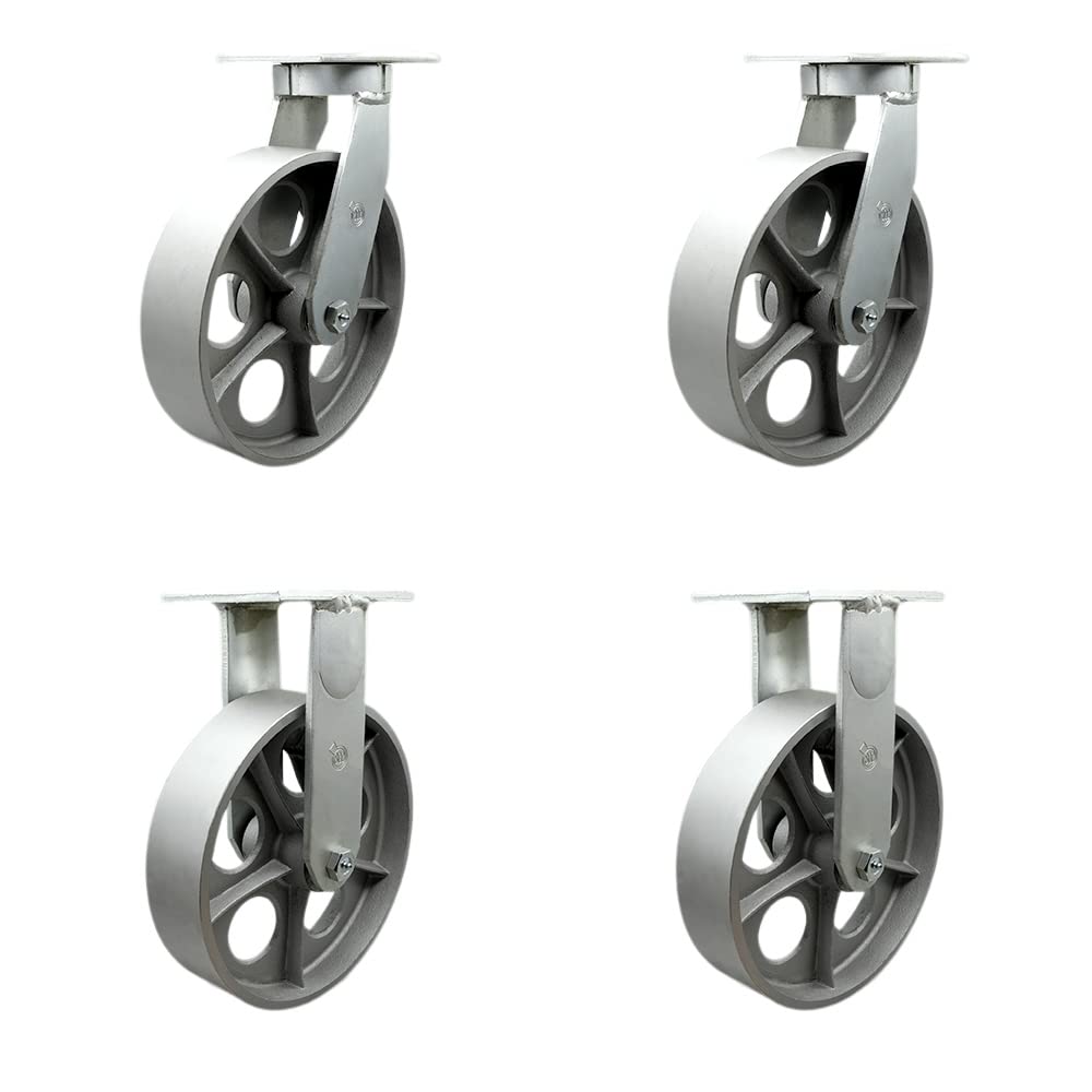 Extra Heavy Duty Kingpinless 12” x 3” Semi Steel Cast Iron Swivel Caster Set for Cranes, Gantries, Hoists, and Winches-2 Swivel and 2 Rigid Casters-2,500 lbs Per Caster-Set of 4 - Service Caster Brand