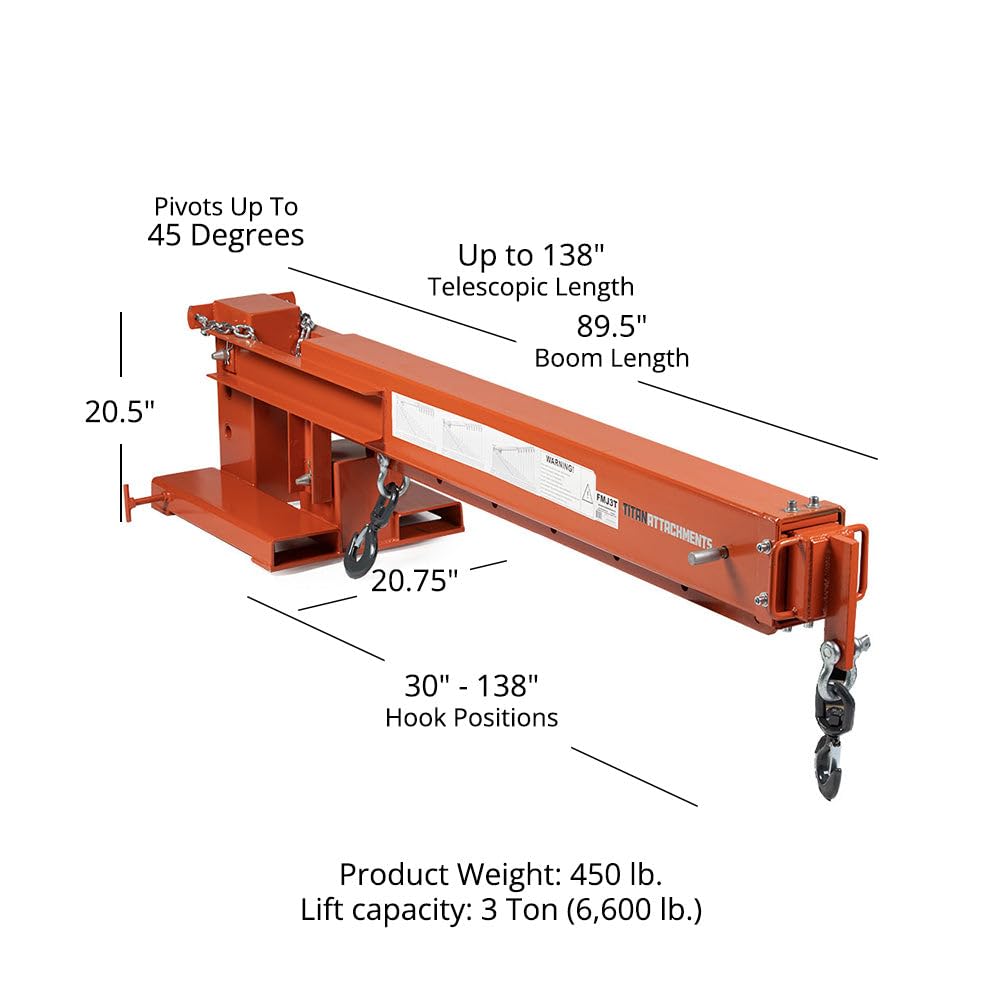 Titan Attachments Fork Mounted Jib Boom Crane Attachment, Manual Telescoping Boom Extends Up to 138”, Pivots Up to 45 Degrees, 6,000 LB Lift Capacity, Two Swivel Hooks, Adjustable Hook Points