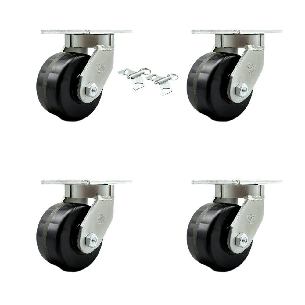 Extra Heavy Duty Kingpinless 6” x 3” Phenolic Swivel Caster Set for Cranes, Gantries, Hoists, and Winches-4 Swivel with 2 Bolt on Swivel Lock Brakes-2,000 lbs Per Caster–Set of 4-Service Caster Brand