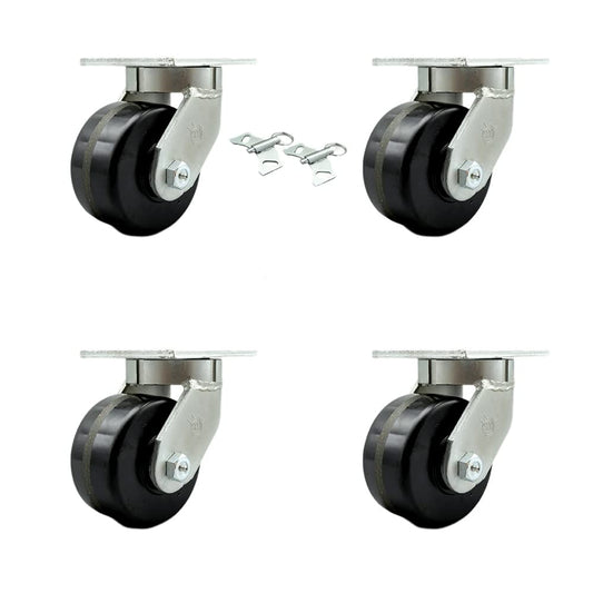 Extra Heavy Duty Kingpinless 6” x 3” Phenolic Swivel Caster Set for Cranes, Gantries, Hoists, and Winches-4 Swivel with 2 Bolt on Swivel Lock Brakes-2,000 lbs Per Caster–Set of 4-Service Caster Brand