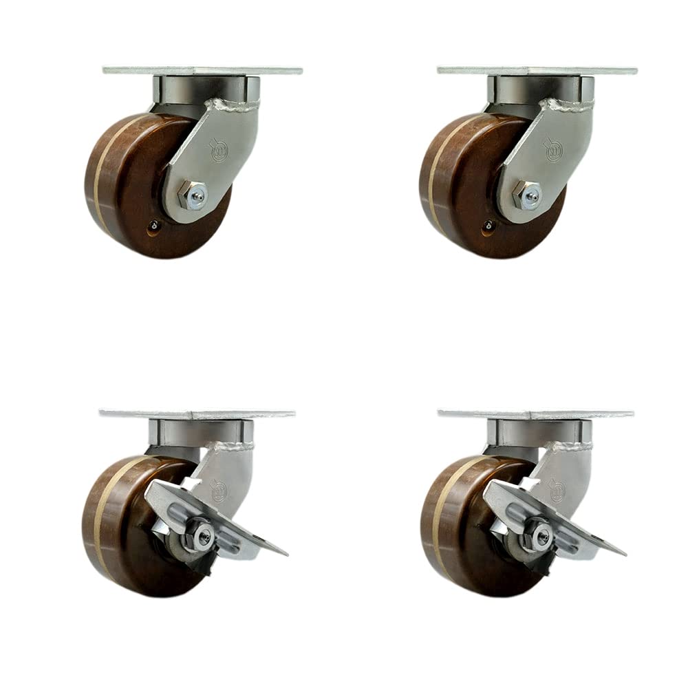 Extra Heavy Duty Kingpinless 6” x 3” High Temp Phenolic Swivel Caster Set for Cranes, Gantries, Hoists, and Winches-4 Swivel with 2 Side Lock Brakes-2,000 lbs Per Caster–Set of 4-Service Caster Brand