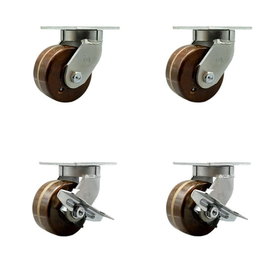 Extra Heavy Duty Kingpinless 6” x 3” High Temp Phenolic Swivel Caster Set for Cranes, Gantries, Hoists, and Winches-4 Swivel with 2 Side Lock Brakes-2,000 lbs Per Caster–Set of 4-Service Caster Brand