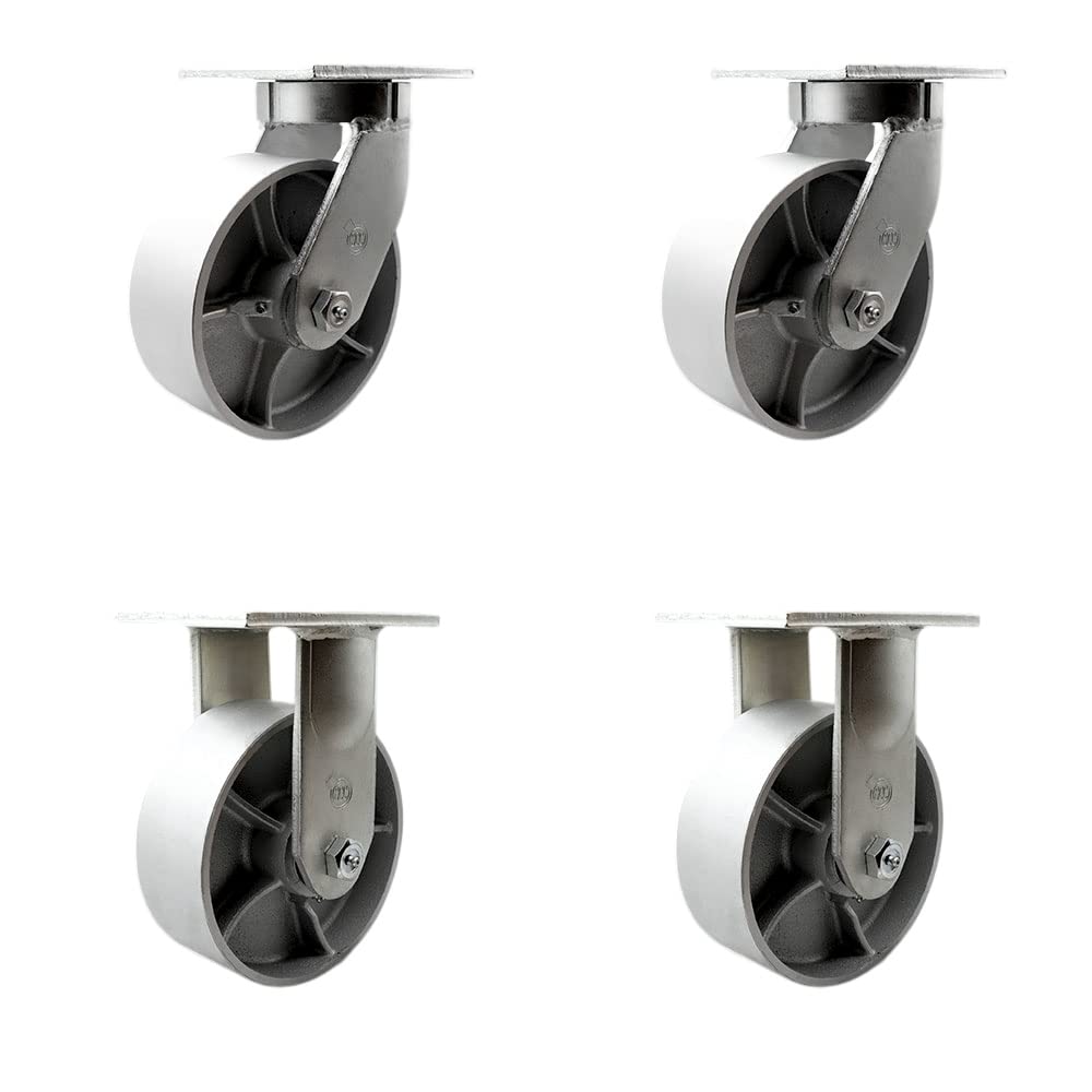Extra Heavy Duty Kingpinless 8” x 3” Semi Steel Cast Iron Swivel Caster Set for Cranes, Gantries, Hoists, and Winches-2 Swivel and 2 Rigid Casters-2,500 lbs Per Caster-Set of 4 - Service Caster Brand