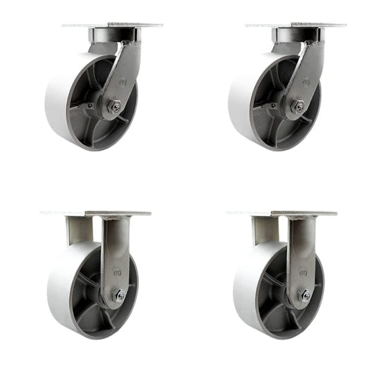 Extra Heavy Duty Kingpinless 8” x 3” Semi Steel Cast Iron Swivel Caster Set for Cranes, Gantries, Hoists, and Winches-2 Swivel and 2 Rigid Casters-2,500 lbs Per Caster-Set of 4 - Service Caster Brand