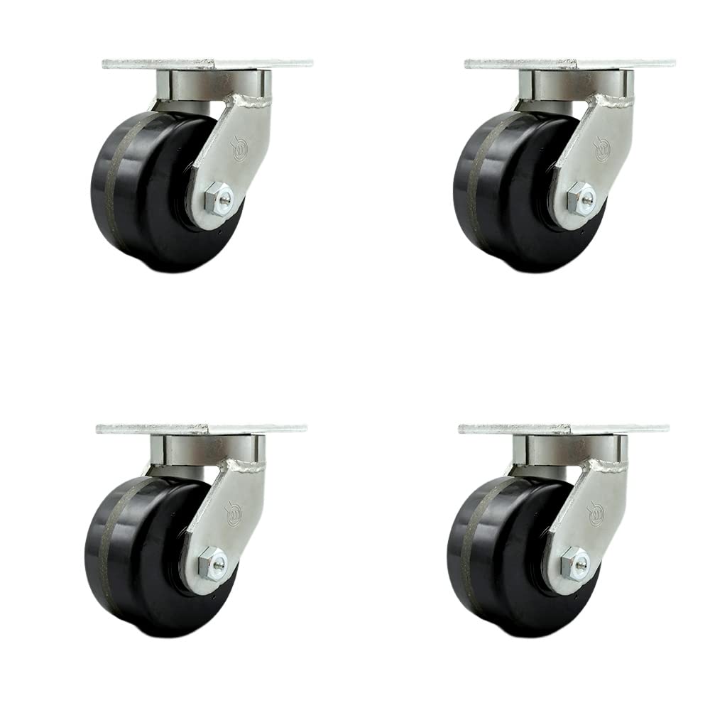 Extra Heavy Duty Kingpinless 6” x 3” Phenolic Swivel Caster Set for Cranes, Gantries, Hoists, and Winches - 4 Swivel Casters with Bolt-On Locks - 2,000 lbs Per Caster – Set of 4- Service Caster Brand