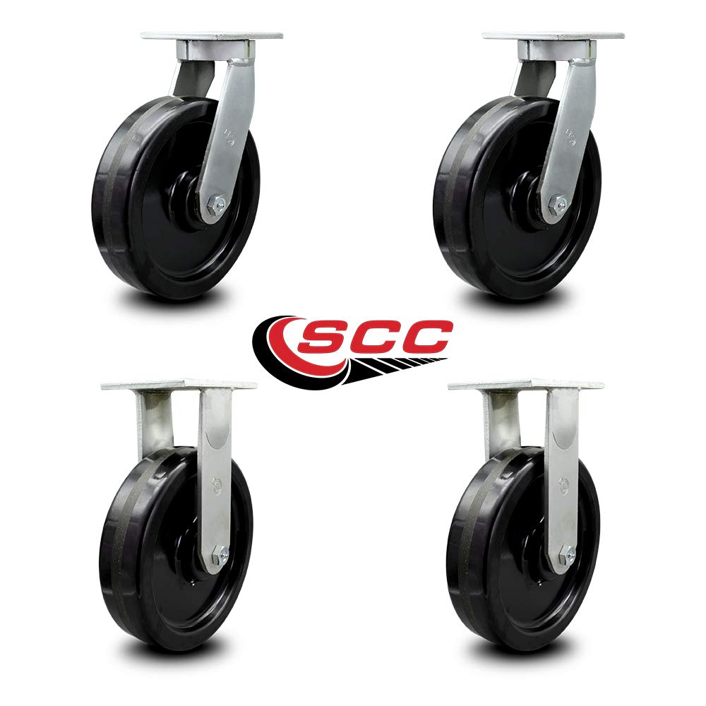 Extra Heavy Duty Kingpinless 12” x 3” Phenolic Swivel Caster Set for Cranes, Gantries, Hoists, and Winches - 2 Swivel and 2 Rigid Casters - 3,500 lbs Per Caster – Set of 4 - Service Caster Brand