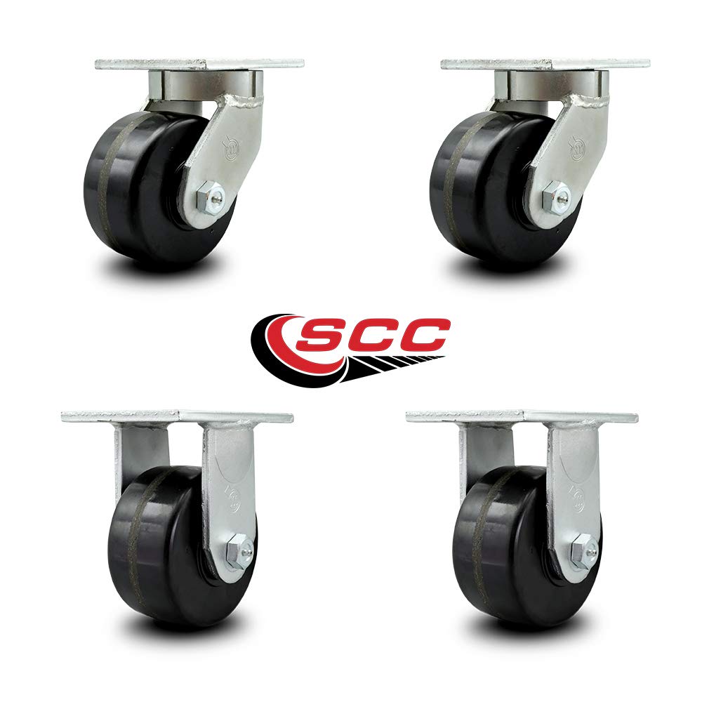 Extra Heavy Duty Kingpinless 6” x 3” Phenolic Swivel Caster Set for Cranes, Gantries, Hoists, and Winches - 2 Swivel and 2 Rigid Casters - 2,000 lbs Per Caster – Set of 4 - Service Caster Brand
