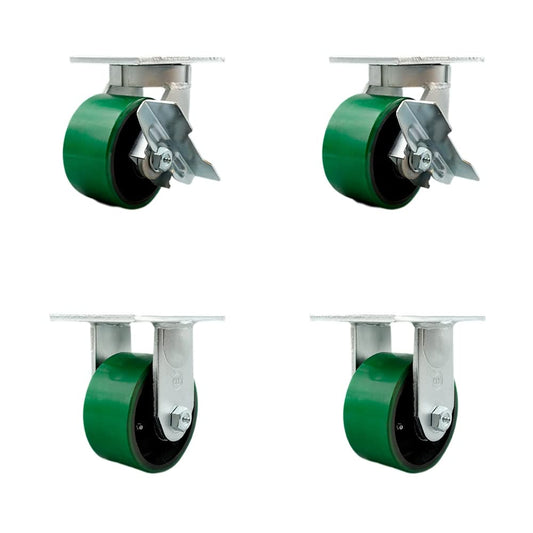 Extra Heavy Duty 6”x3” Green Poly on Cast Iron Swivel Caster Set for Cranes, Gantries, Hoists, and Winches-2 Swivel with Side Lock Brakes and 2 Rigid-2,000lbs Per Caster-Set of 4-Service Caster Brand