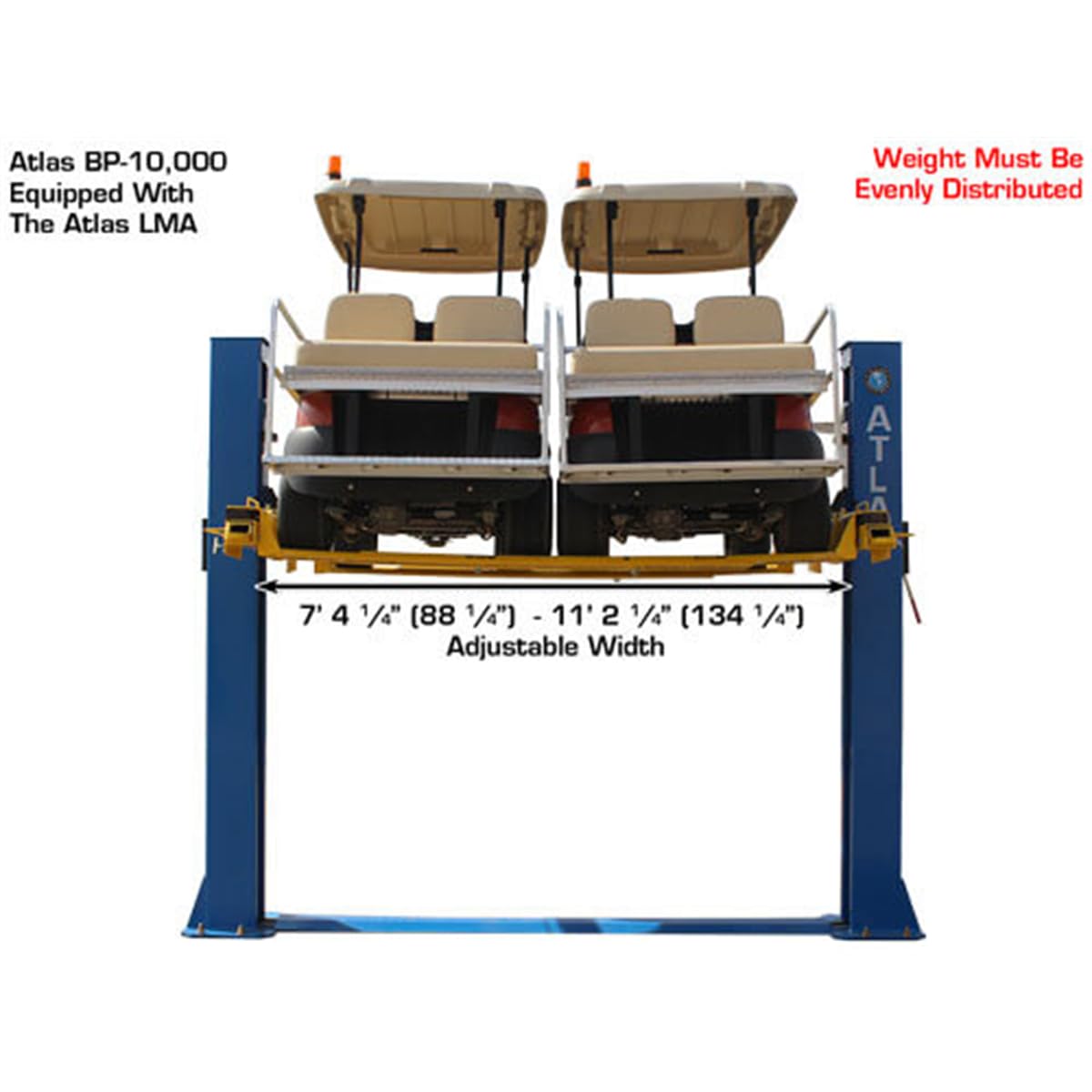 ATLAS Automotive Equipment ATLMA Lawnmower Adapter for 2-Post Lifts, Adjustable with 4 Plates, 5,000 lb. Capacity, 8'11" Width, 32" to 90" Wheelbase, 12" Wheel Well, 1/4" Steel Thickness, 600 lbs.