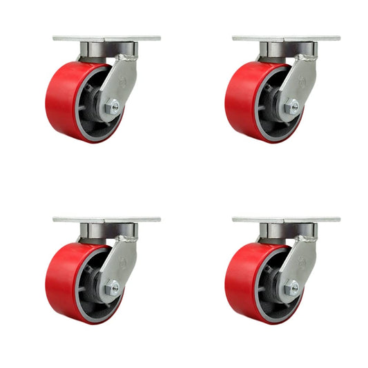 Extra Heavy Duty 6” x 3” Red Poly on Cast Iron Swivel Caster Set for Cranes, Gantries, Hoists, and Winches-4 Swivel with 2 Bolt on Swivel Locks-2,000 lbs Per Caster–Set of 4-Service Caster Brand