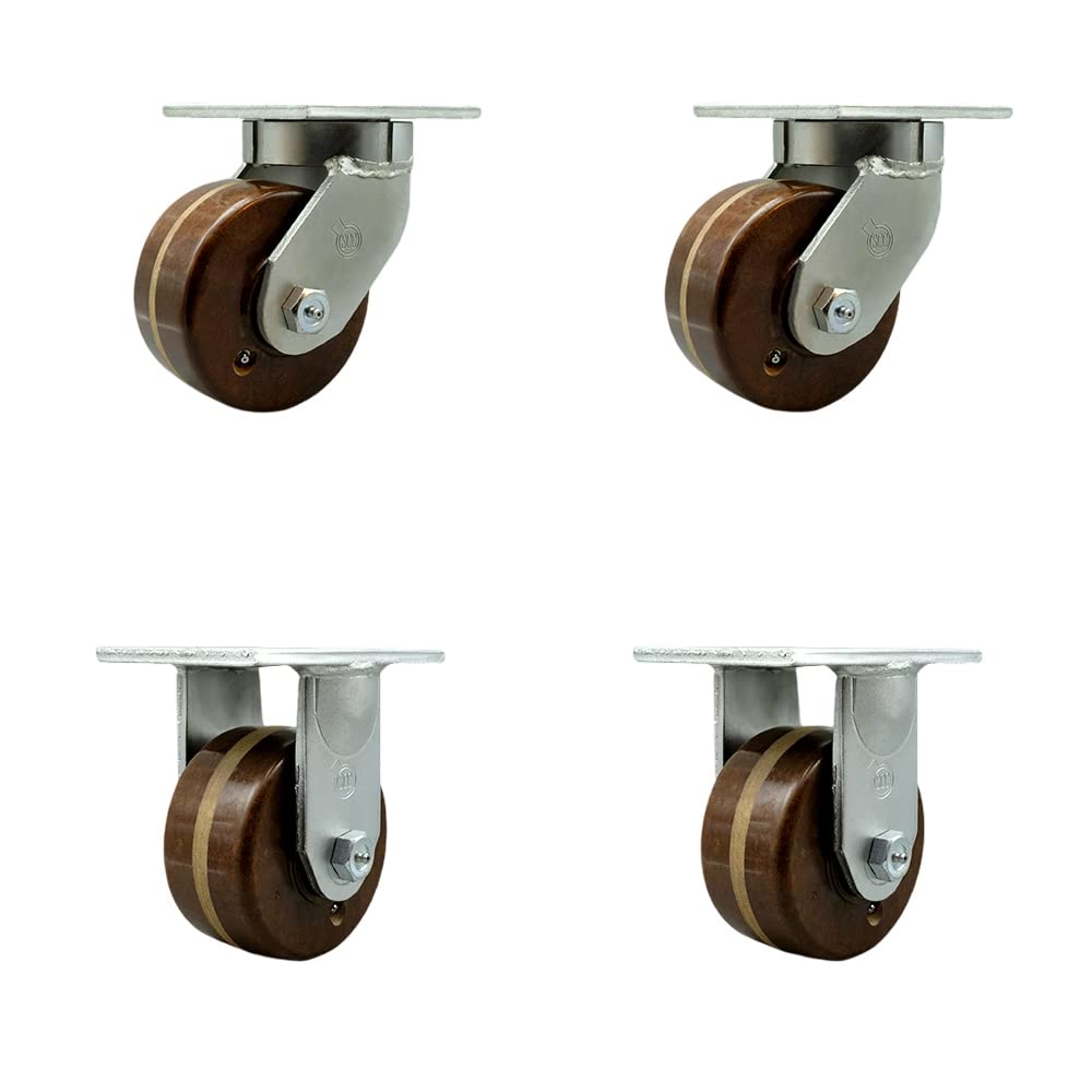 Extra Heavy Duty Kingpinless 6” x 3” High Temp Phenolic Swivel Caster Set for Cranes, Gantries, Hoists, and Winches-2 Swivel and 2 Rigid Casters-2,000 lbs Per Caster – Set of 4 - Service Caster Brand