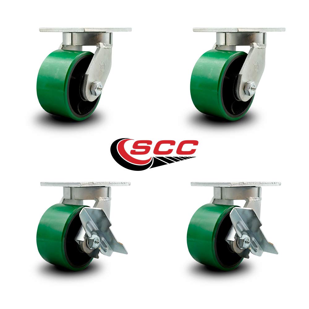 Extra Heavy Duty 6” x 3” Green Poly on Cast Iron Swivel Caster Set for Cranes, Gantries, Hoists, and Winches - 4 Swivel with 2 Side Lock Brakes -2,000 lbs Per Caster–Set of 4 - Service Caster Brand