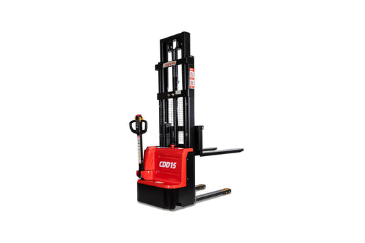 H HEAMI Full Electric Pallet Stacker, 3300 lbs Capacity, 118" Lifting Height, Material Lift with Adjustable Forks, Straddle Legs & Forks Pallet Lift