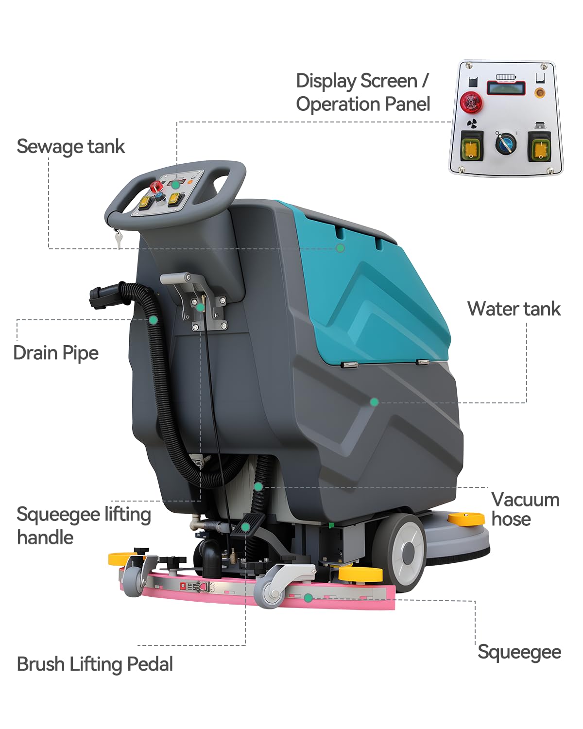 Commercial Floor Scrubber Machine Walk Behind, 22" Cleaning and 33" Suction Width, 18.5-Gal Sewage and 15.9-Gal Water Tank, 32000 Sqft/h, Cordless, Complete Set of Parts