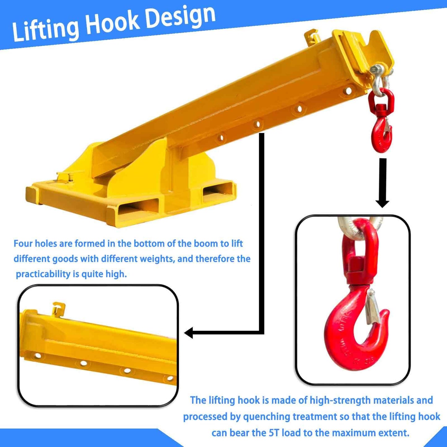BEILOCKERY Adjustable Forklift Jib Boom Crane with Telescopic Arm,11000 lbs Heavy Duty Mobile Crane, Includes Truss Hoist and Hook for Industrial Lifting and Towing, Max Reach 96.5 Inches