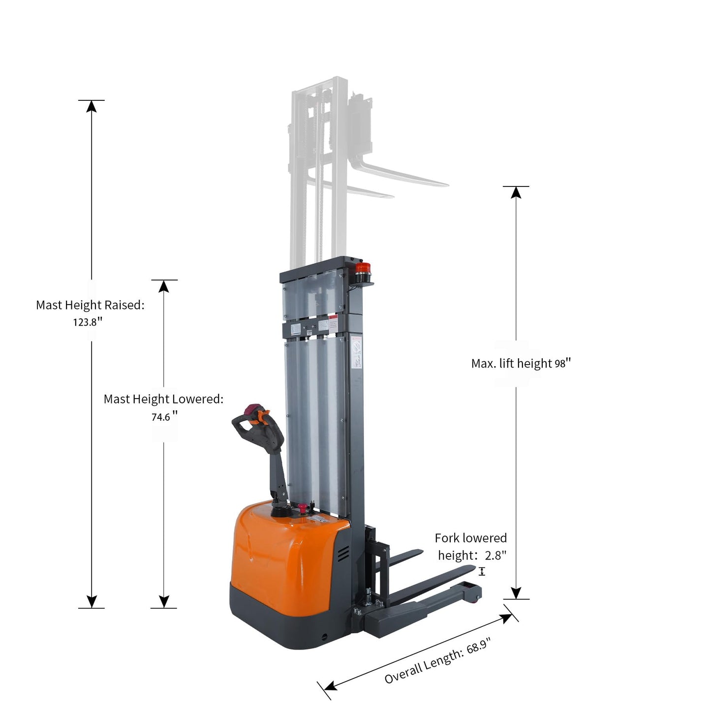 Tory Carrier Full Electric Pallet Stacker 3300 lb. Cap. 98'' Lift Height Walkie Forklift with Adjustable Forks and Legs, Material Lift, Maintenance Free Gel Battery, Compact Size Pallet Truck Dolly