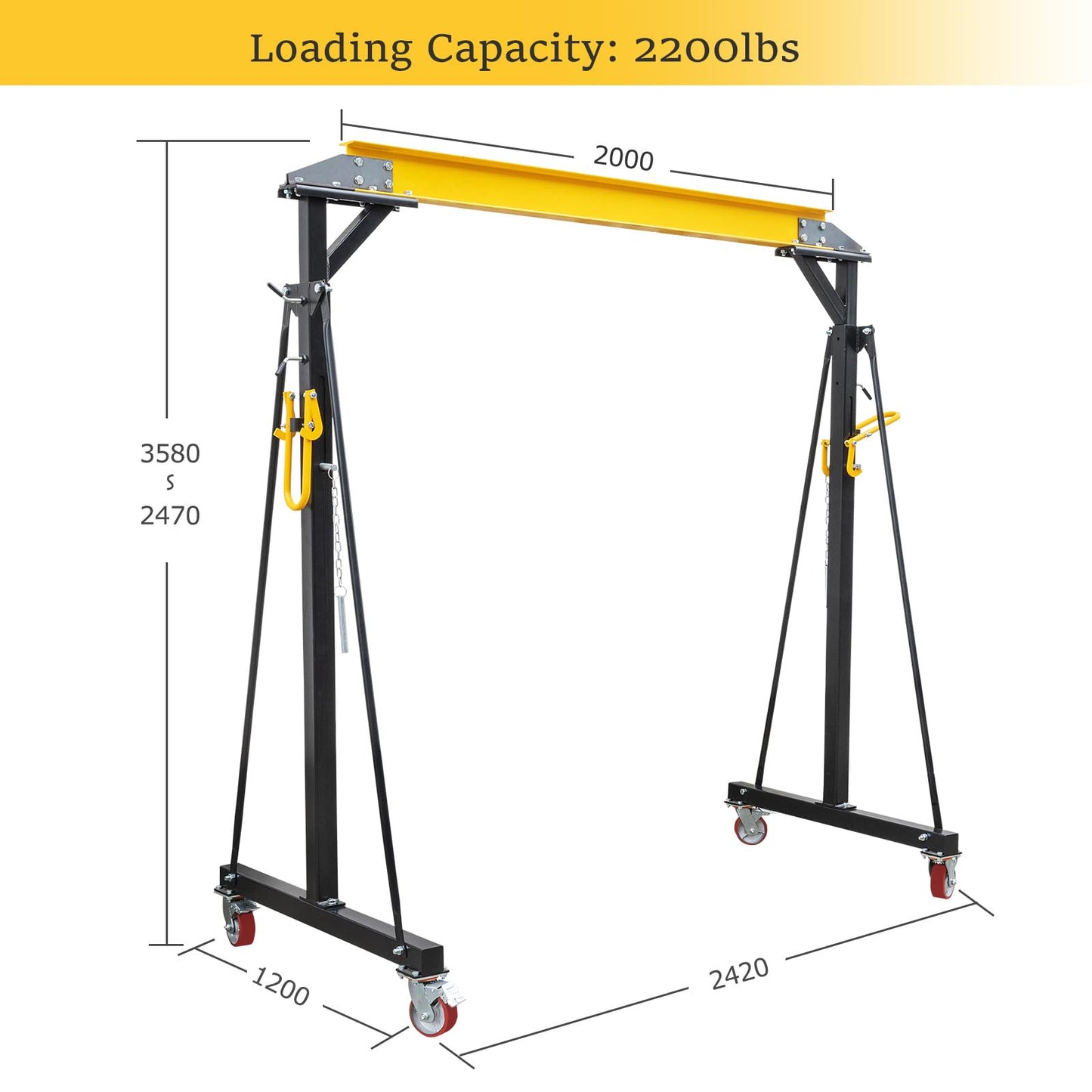 YardYonder Adjustable Gantry Crane - 1 Ton (2200 Lbs) Capacity Portable Hoist, 97" to 141" Height Range for Factories, Warehouses, Construction & Auto Repair