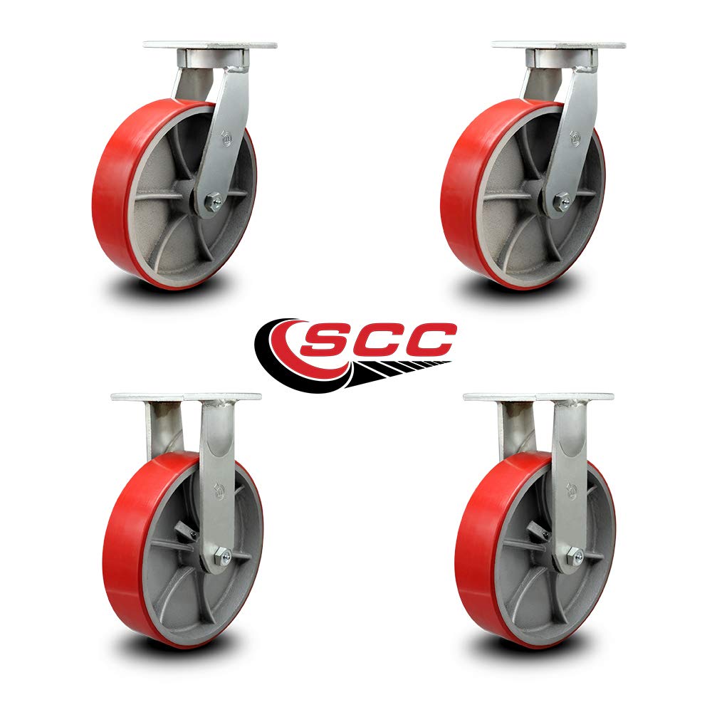 Extra Heavy Duty Kingpinless 10”x3” Red Poly on Cast Iron Swivel Caster Set for Cranes, Gantries, Hoists, and Winches-2 Swivel and 2 Rigid Casters-3,000lbs Per Caster-Set of 4-Service Caster Brand