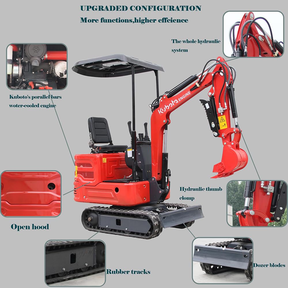 DS-16, 1.4 Tons KubotaDiesel Mini Excavator, w/Pilot System, Full Hydraulic System, Water Cooling, Hydraulic Thumb Clamp, Bucket, Palletfork,Work for Any Occasions, US in Stock red (red2)