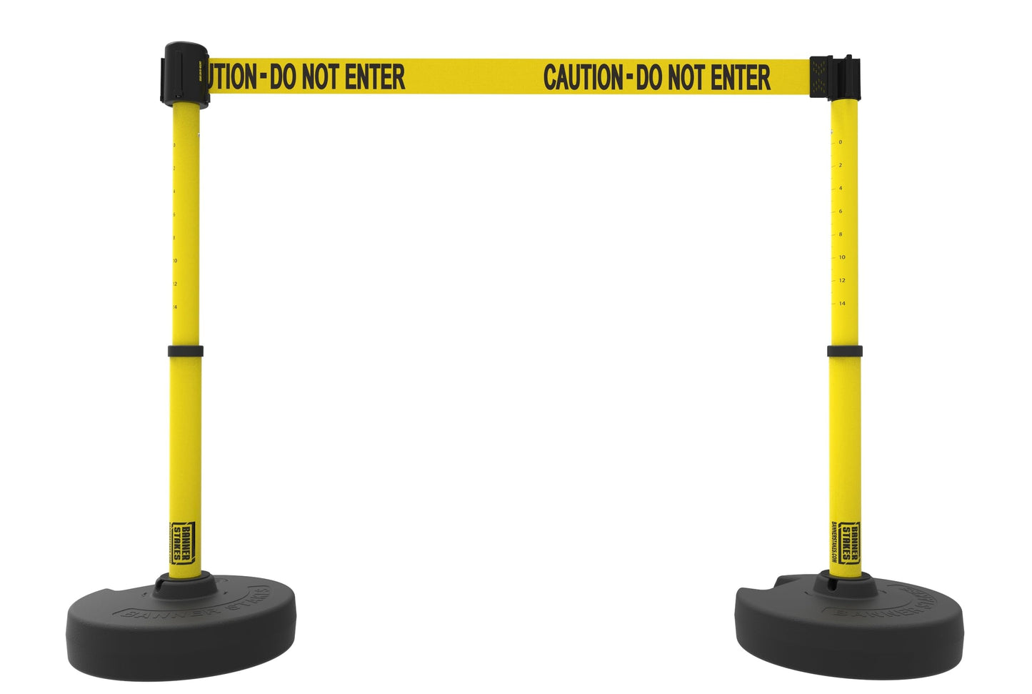 Banner Stakes Crowd Control Plus Cart Package & Accessory Tray, 75' Total Retractable Belt Barrier System - 5 Telescoping Stanchions w/ 15' Yellow "Caution - Do Not Enter" Banners (PL4078T)
