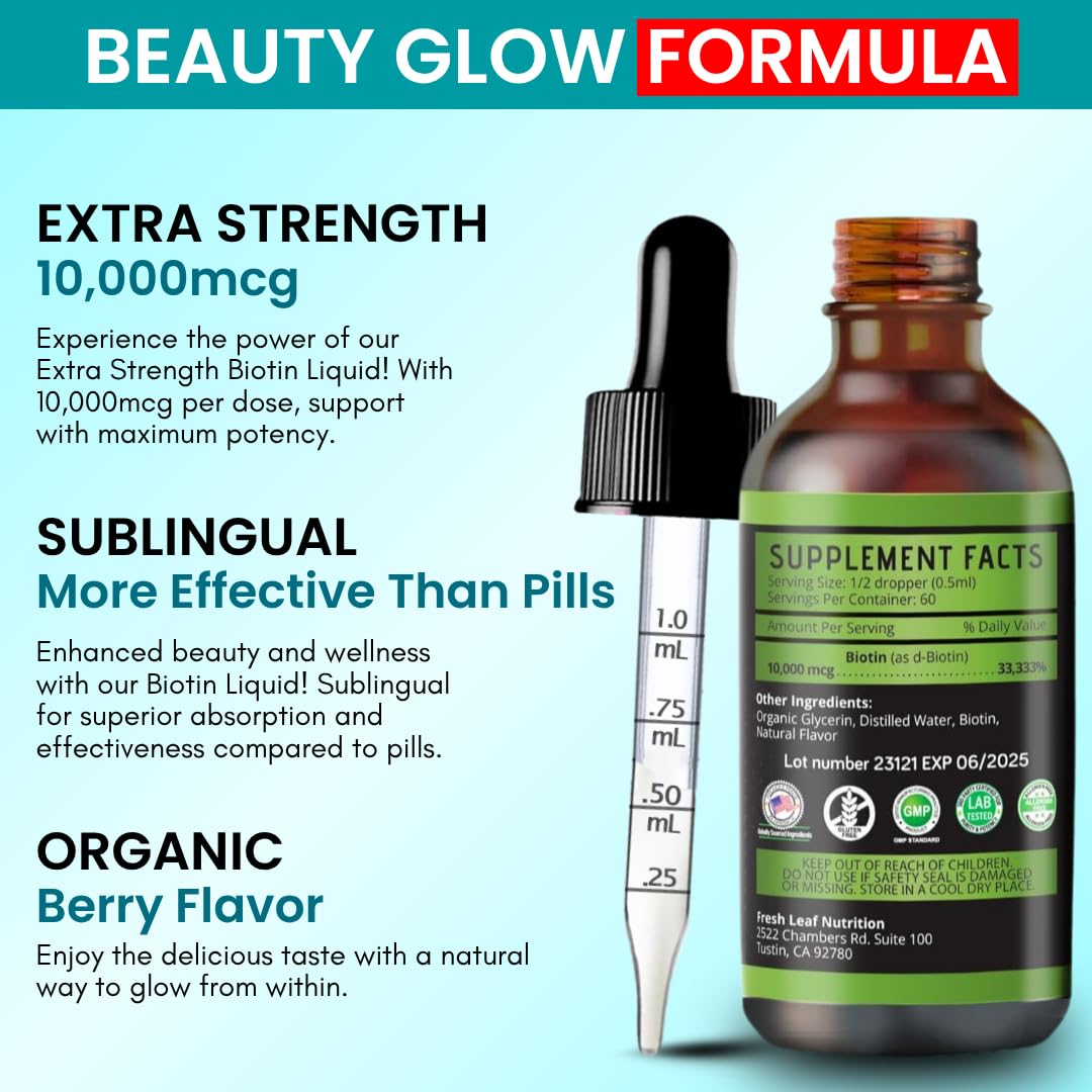 Liquid Biotin 10,000mcg with Organic Berry Flavor - Liquid Drops Biotin for Hair Growth for Women and Men, Supports Strong Nails and Healthy Skin - Extra Strength Vegan Formula | 60 Servings