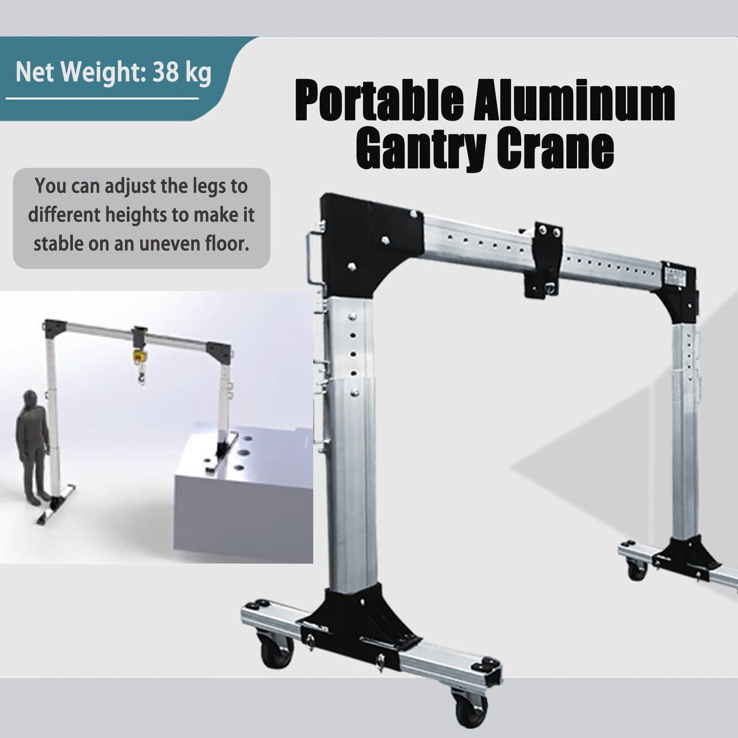 Portable Aluminum Gantry Crane 500KG/1100LBS Capacity Low Ceiling Car Lift with Adjustable Height 4.9-9.5FT & Width 5.3-7.5FT Shop Lift Hoist for Tight Spaces Difficult Terrain & Garage
