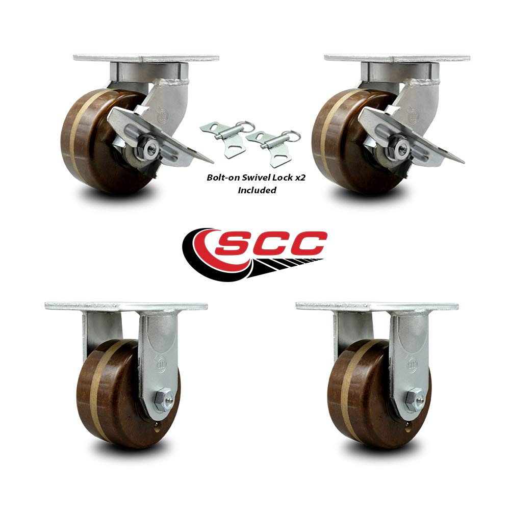Extra Heavy Duty 6” x 3” High Temp Swivel Caster Set for Cranes, Gantries, Hoists, and Winches - 2 with Brake and Swivel Lock/2 Rigid - 2,000 lbs Per Caster -Set of 4-Service Caster Brand