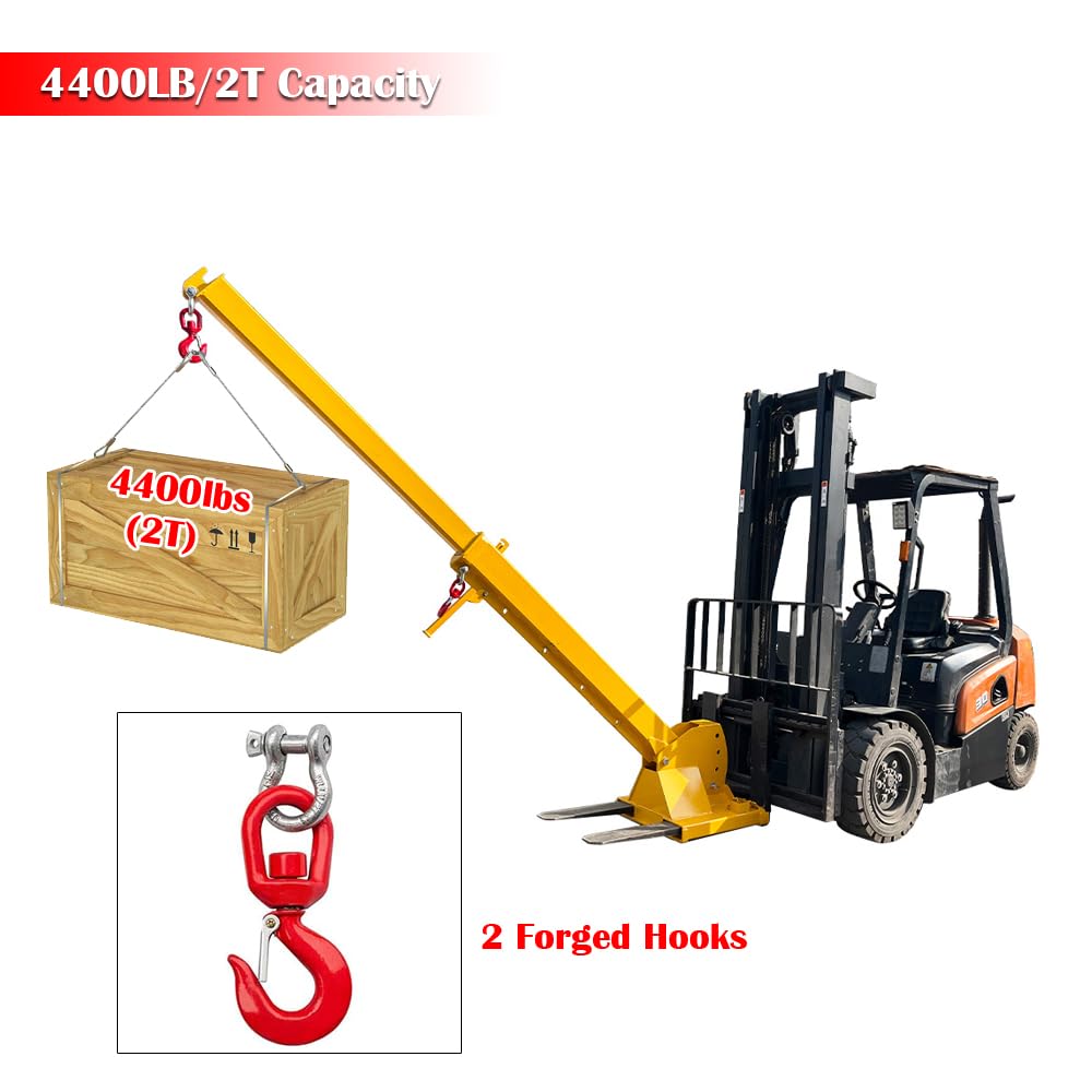 EQCOTWEA 2-Ton Forklift Jib Boom Crane Attachment, Extendable Jib Crane, 0-75° Adjustable Tilt, 7-12ft Telescopic Boom Arm, 2 Hooks, for Lifting & Material Handling – Compatible with Forklifts