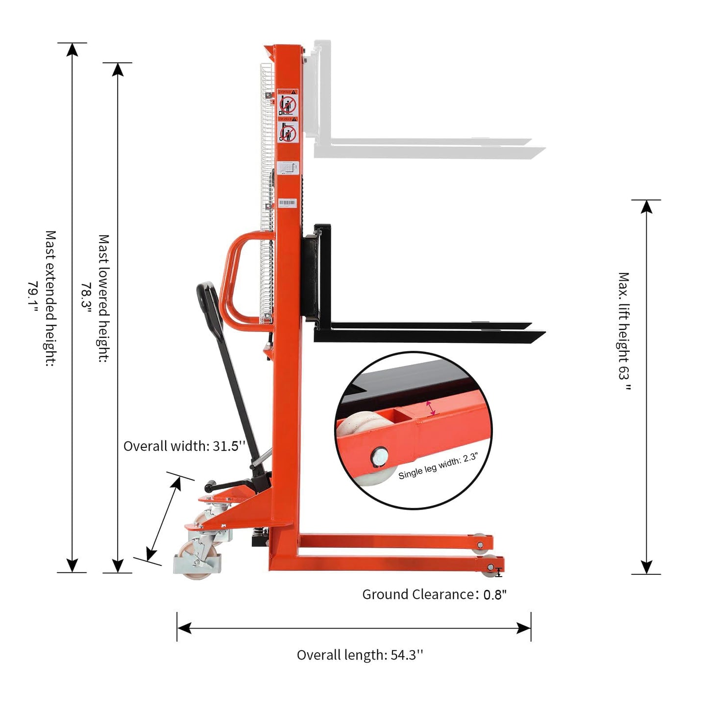 Tory Carrier Material Lift, Manual Pallet Stacker 63” Lifting Height, 1100lbs Capacity with Adjustable Forks Hydraulic Forklift Suitable for Open Bottom Pallets
