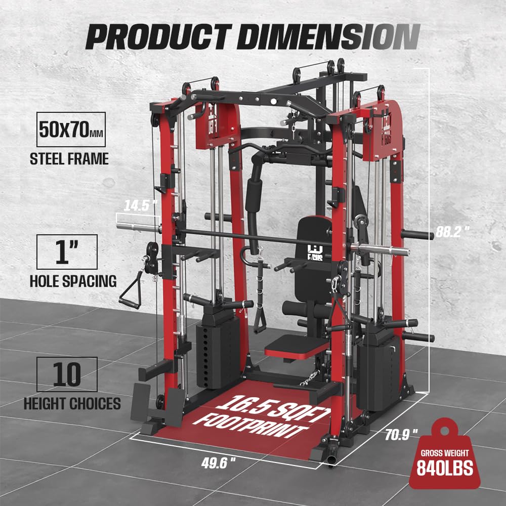 smithmachine with smithbar, Home Gym Station with Dual Weight Stacks, 4000LBS Power Cage Squat Rack with Lever Arm, Leg Press, LAT Pull Down, Cable Crossover Machine for Full Body Training, Red