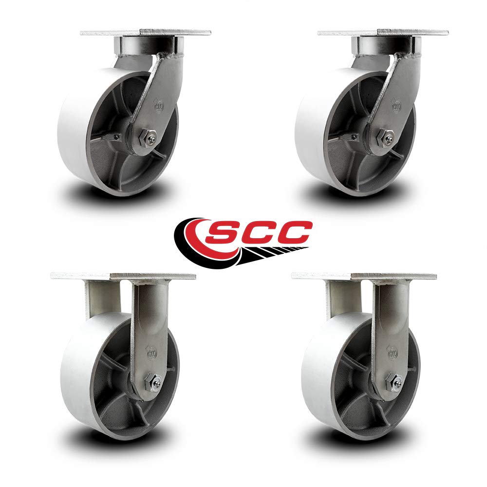 Extra Heavy Duty Kingpinless 8” x 3” Semi Steel Cast Iron Swivel Caster Set for Cranes, Gantries, Hoists, and Winches-2 Swivel and 2 Rigid Casters-2,500 lbs Per Caster-Set of 4 - Service Caster Brand