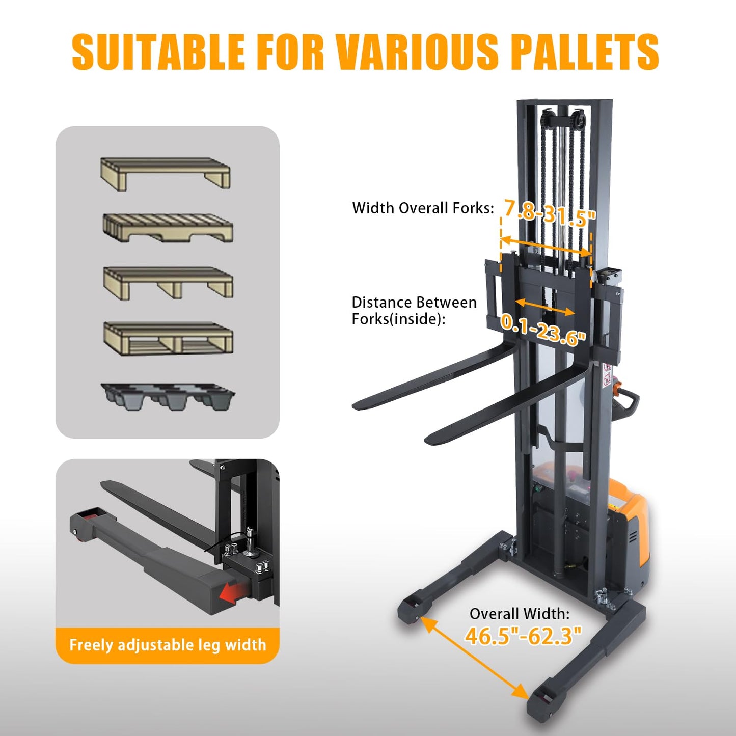 Tory Carrier Full Electric Pallet Stacker, Powered Forklift 3300 lbs Capacity, 138 inch Max. Lifting Height, Straddle Legs & Forks Material Lifts, Gel Battery Pallet Lift for Narrow Spaces