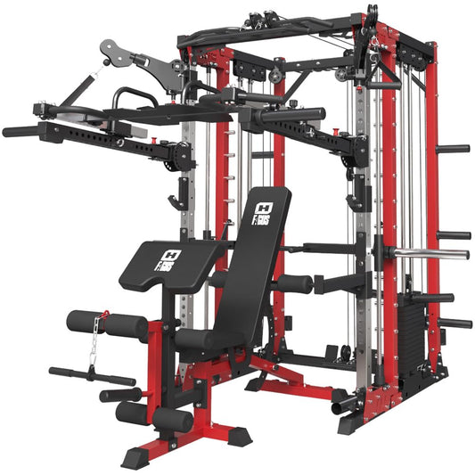 FAGUS H Commercial Smithe Machine with Preacher Curl Weight Bench Combo,4000LBS Power Cage Squat Rack with 308lb Dual Weight Stacks, Multi-Functional Cable Crossover Machine with Lever Arm, Red