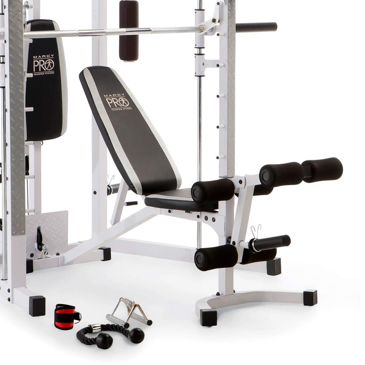 Marcy Combo Smith Cage Machine Full Body Training Home Gym System with Leg Developer, Padded Workout Bench, and Strength Training Weight Bar, White