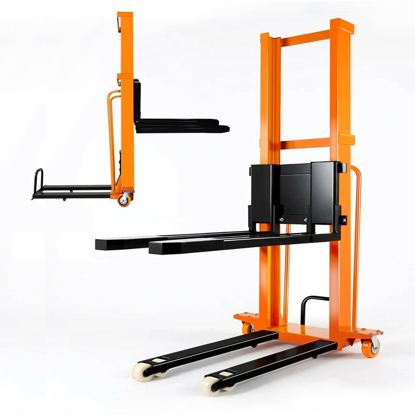 Material Lift Winch Stacker with Swivel & Rubber Wheels, 1100lbs Capacity Adjustable Straddle Material Lifter, Manual Material Lifts, Hand Winch Lift Trucks for Warehouse, Logistics, Factory