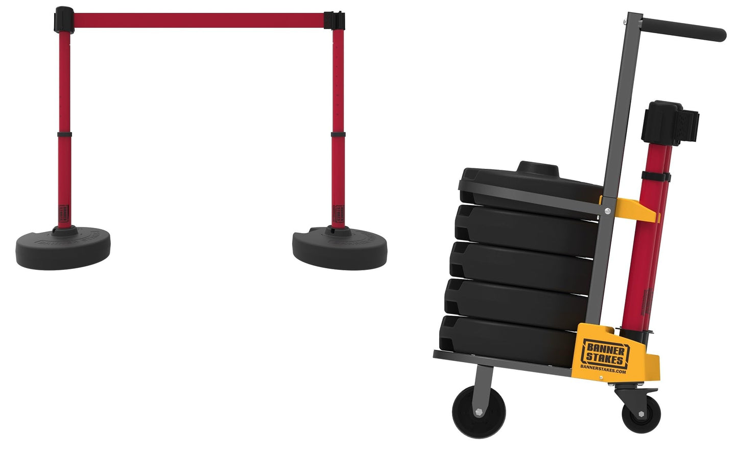 Banner Stakes Crowd Control Plus Cart Package & Accessory Tray, 75' Total Retractable Belt Barrier System - 5 Telescoping Stanchions w/ 15' Red Blank Banners (PL4000-RT)