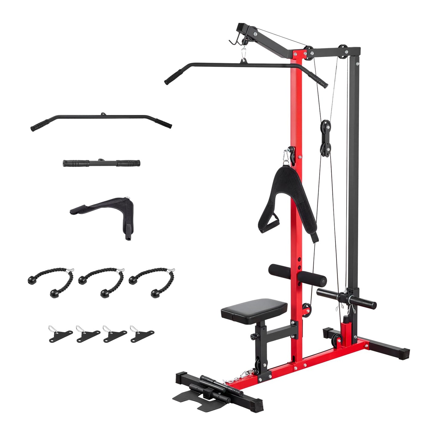 VEVOR LAT Pull Down Machine, 3-in-1 Row Cable Machine, Cable Machines Home Gym with 3-Level Adjustable Seat, 4-Level Adjustable Foam Roller, Load 400 lbs LAT Tower for Back, Chest, Tricep, Black