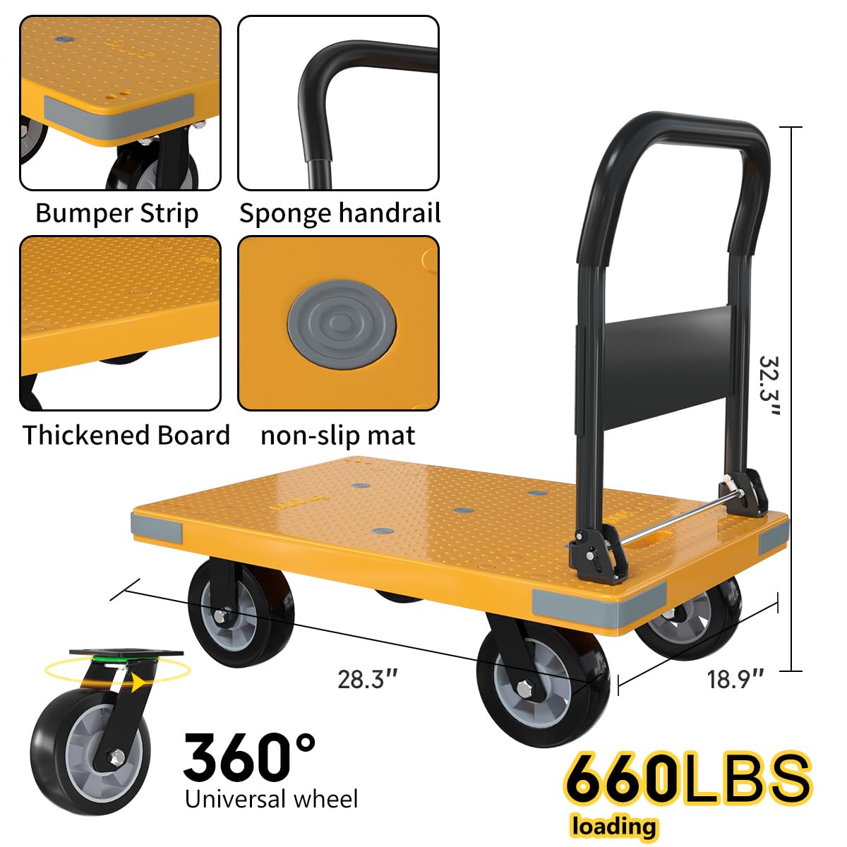 WUD Push Cart, Folding Mobile Platform Trolley,Thickened and Reinforced, 360° Swivel Wheels,28.3 “L x 18.9 ”W, 660 lb. Yellow Dolly cart with Wheels