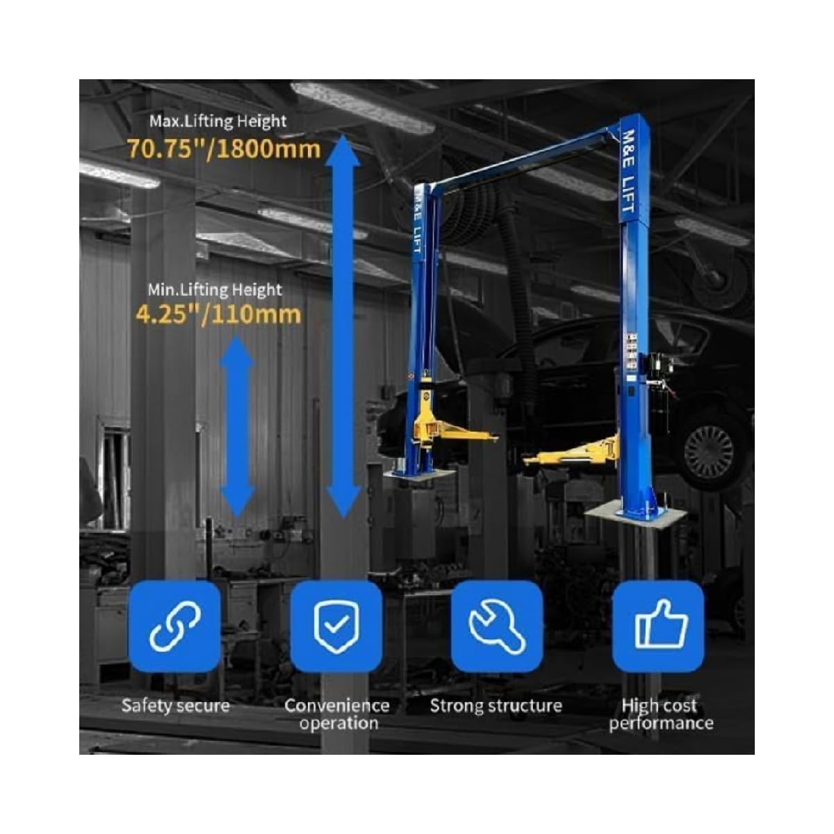 ME-LM110S Two Post Lift 11000Lbs Capacity, Hydraulic Auto Car Lift 2 Post Lift, 220V/60Hz Heavy Duty Vehicle Lift for Shops & Garages