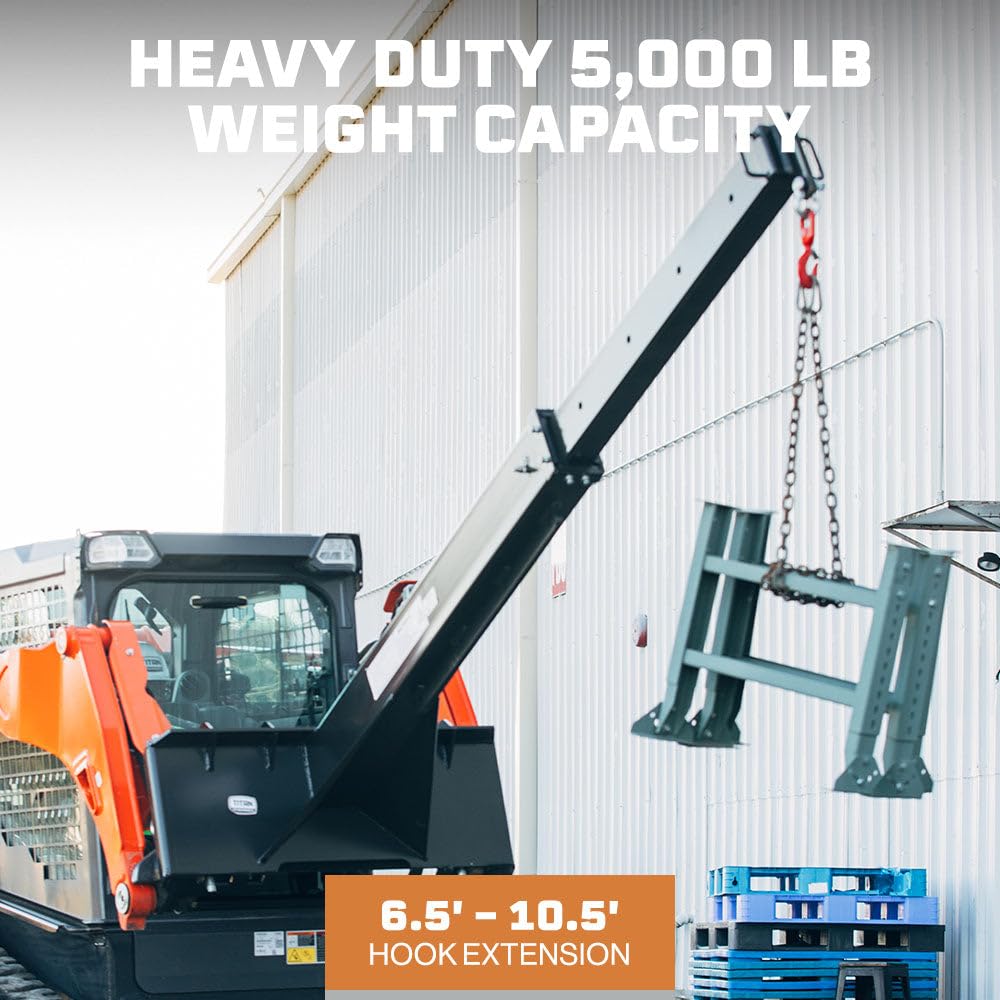 Titan Attachments Skid Steer Adjustable Jib Crane with 3 Ton Hook, 120" Manual Telescoping Boom, Adjustable Hook Points, SSQA Skid Steer Connection, 5,000 LB Max Lift Capacity